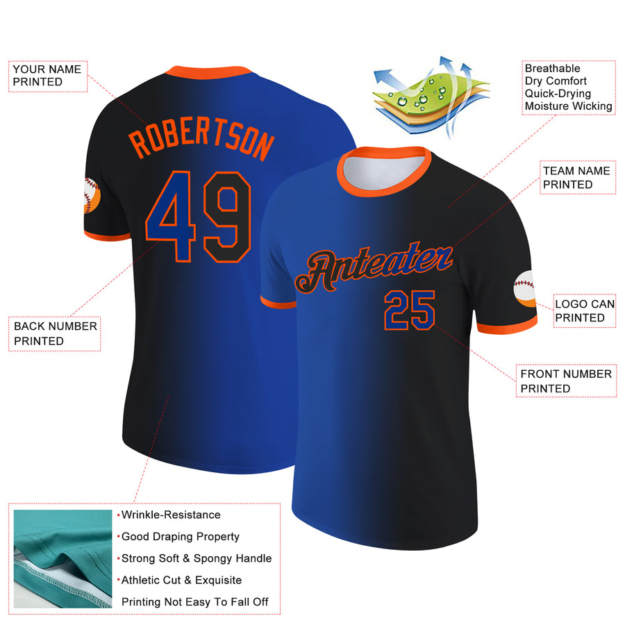 Custom Black Royal-Orange Gradient Fashion Performance T-Shirt