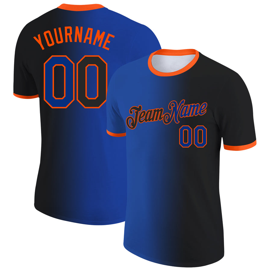 Custom Black Royal-Orange Gradient Fashion Performance T-Shirt