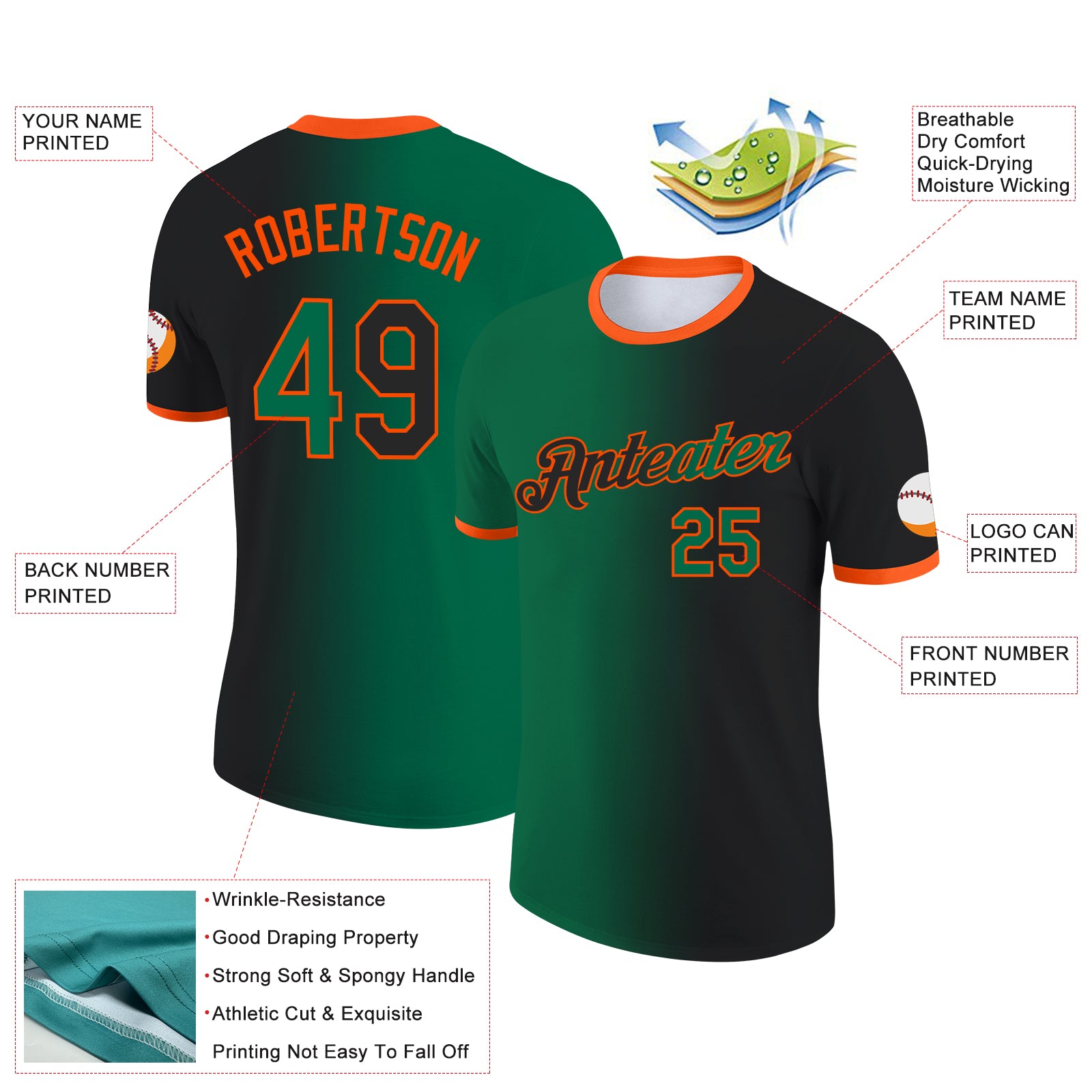 Custom Black Kelly Green-Orange Gradient Fashion Performance T-Shirt