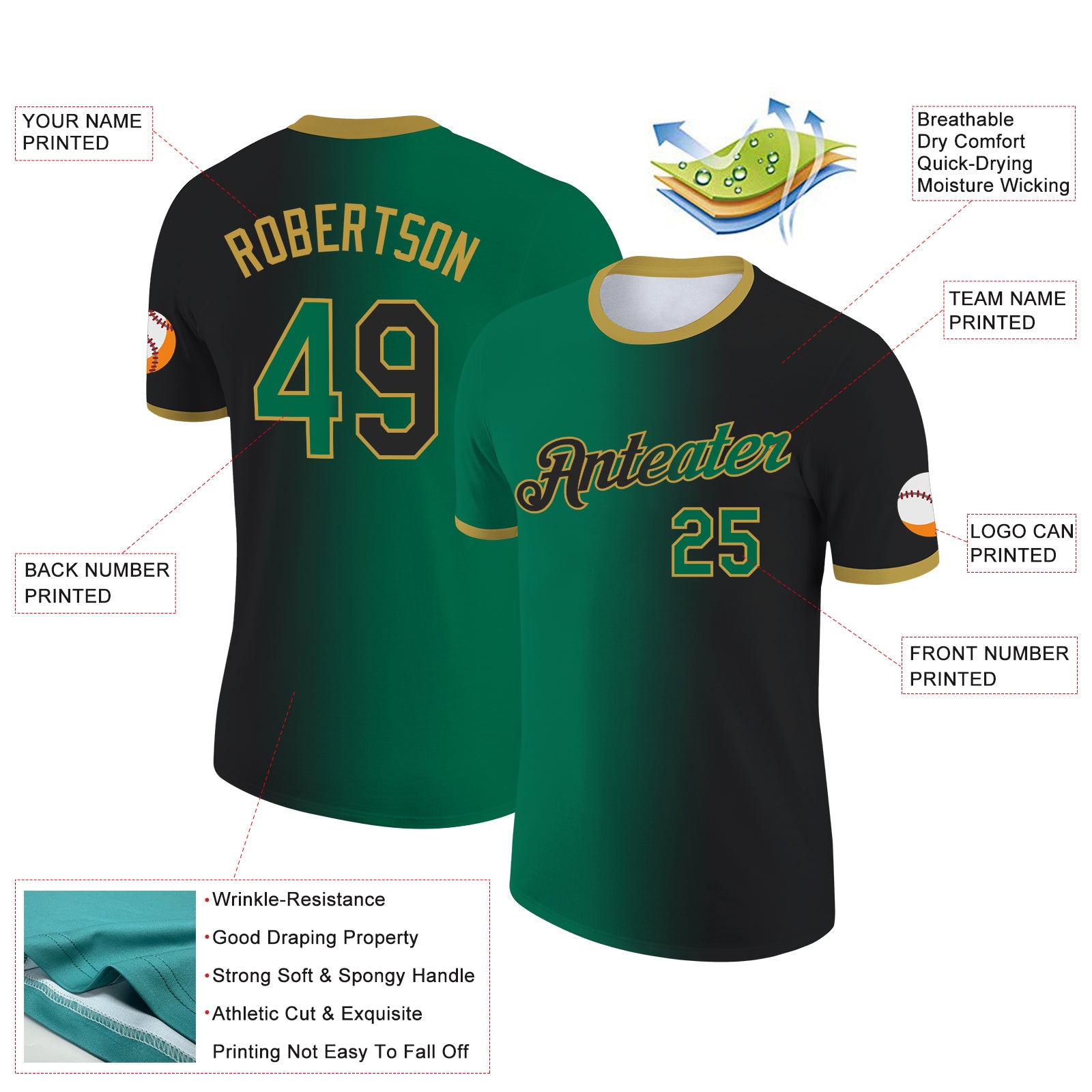 Custom Black Kelly Green-Old Gold Gradient Fashion Performance T-Shirt