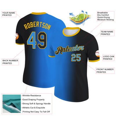 Custom Black Powder Blue-Gold Gradient Fashion Performance T-Shirt