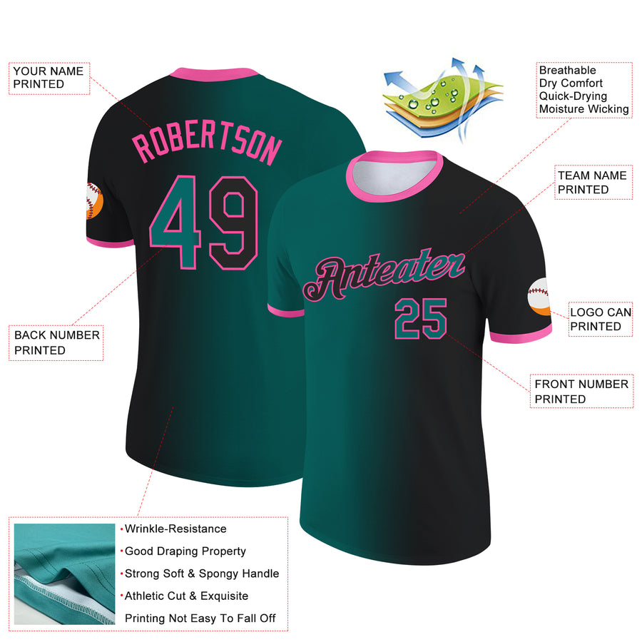 Custom Black Teal-Pink Gradient Fashion Performance T-Shirt