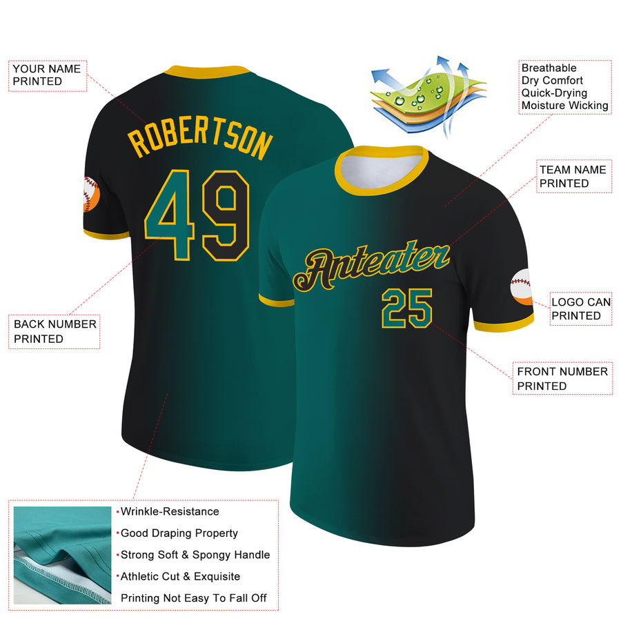 Custom Black Teal-Gold Gradient Fashion Performance T-Shirt