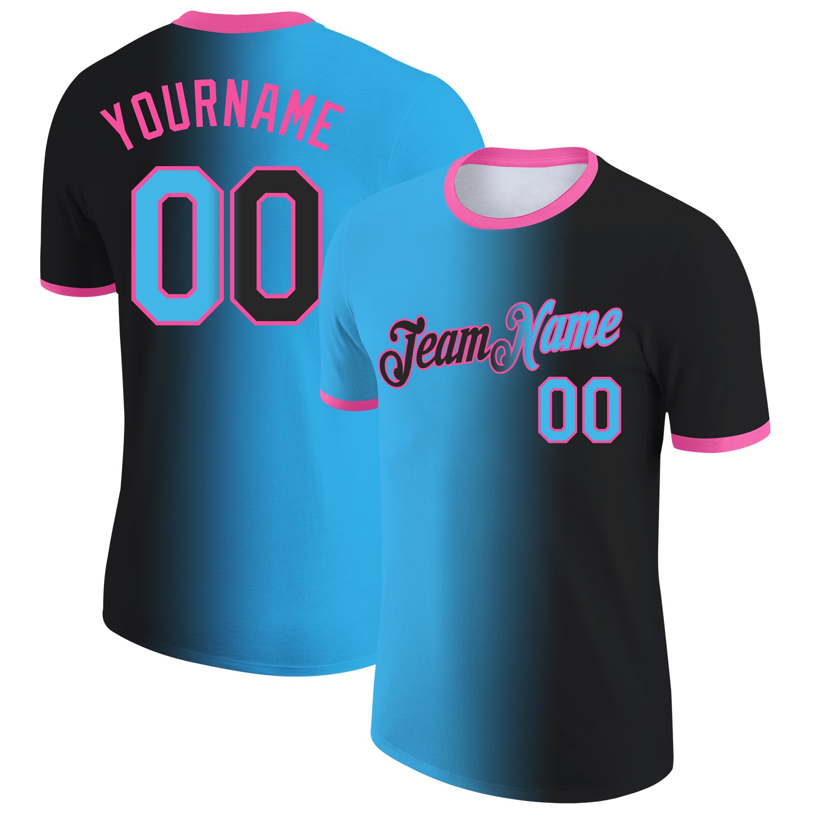 Custom Black Sky Blue-Pink Gradient Fashion Performance T-Shirt