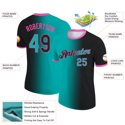 Custom Black Aqua-Pink Gradient Fashion Performance T-Shirt