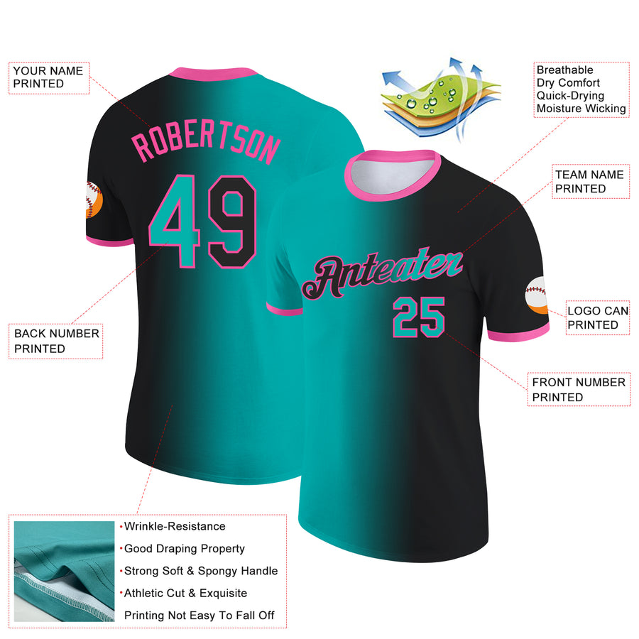 Custom Black Aqua-Pink Gradient Fashion Performance T-Shirt