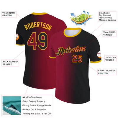 Custom Black Crimson-Gold Gradient Fashion Performance T-Shirt