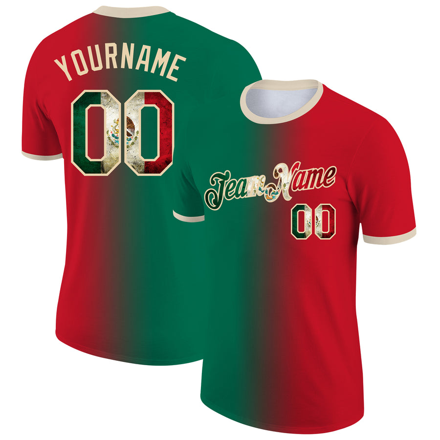 Custom Red Vintage Mexican Flag Kelly Green-City Cream Gradient Fashion Performance T-Shirt