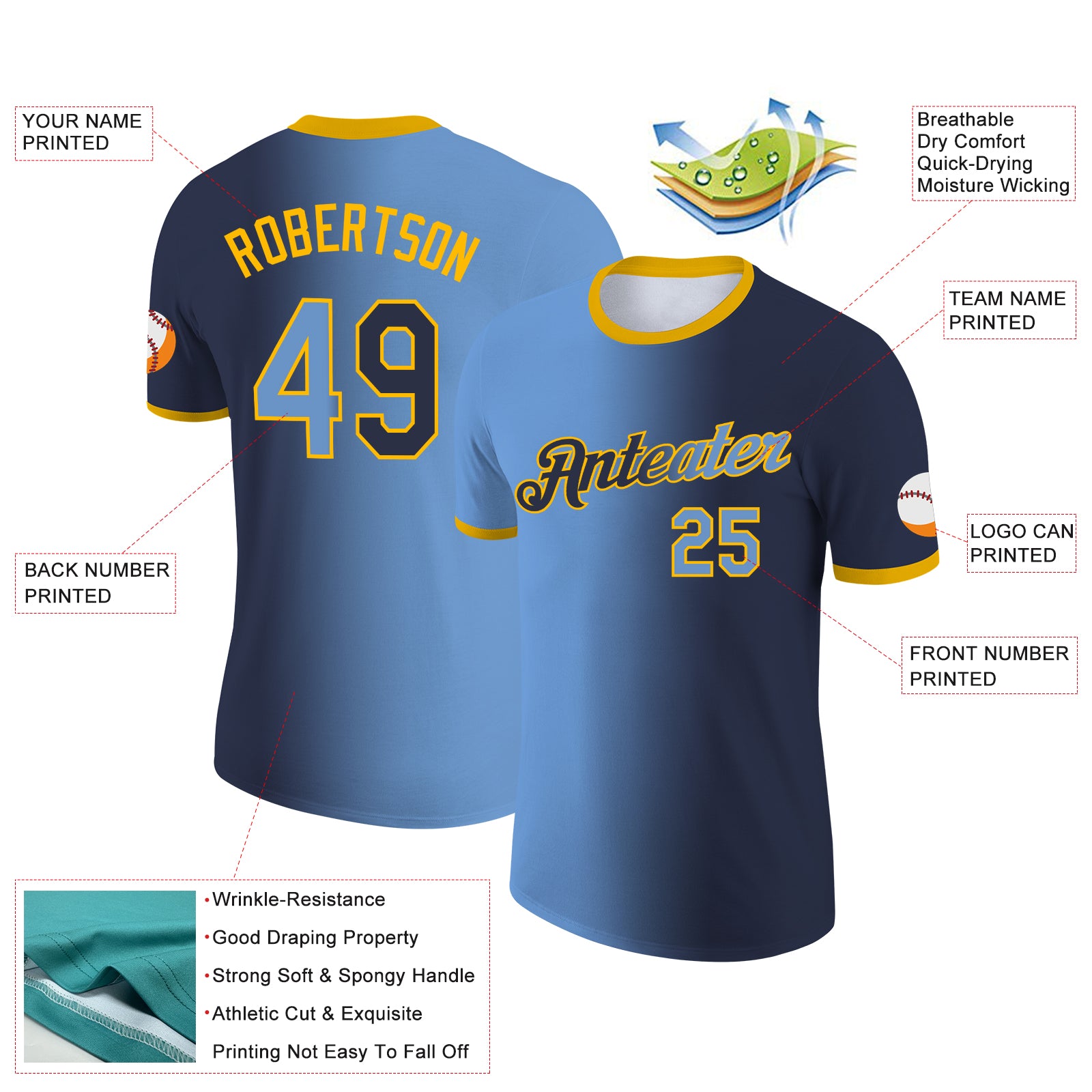 Custom Navy Light Blue-Gold Gradient Fashion Performance T-Shirt