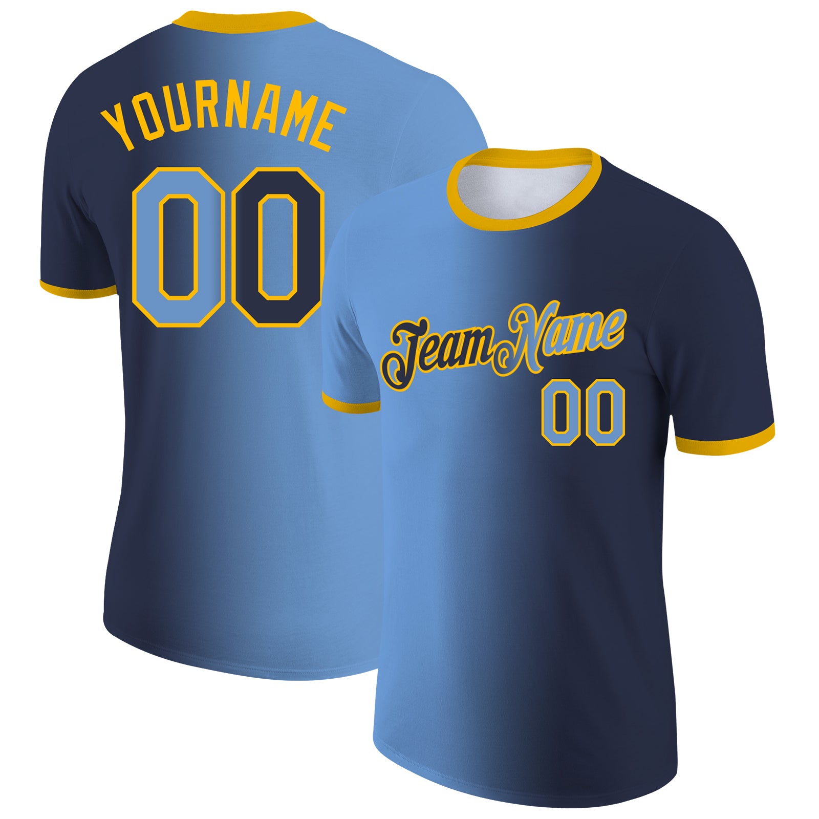Custom Navy Light Blue-Gold Gradient Fashion Performance T-Shirt