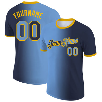 Custom Navy Light Blue-Gold Gradient Fashion Performance T-Shirt