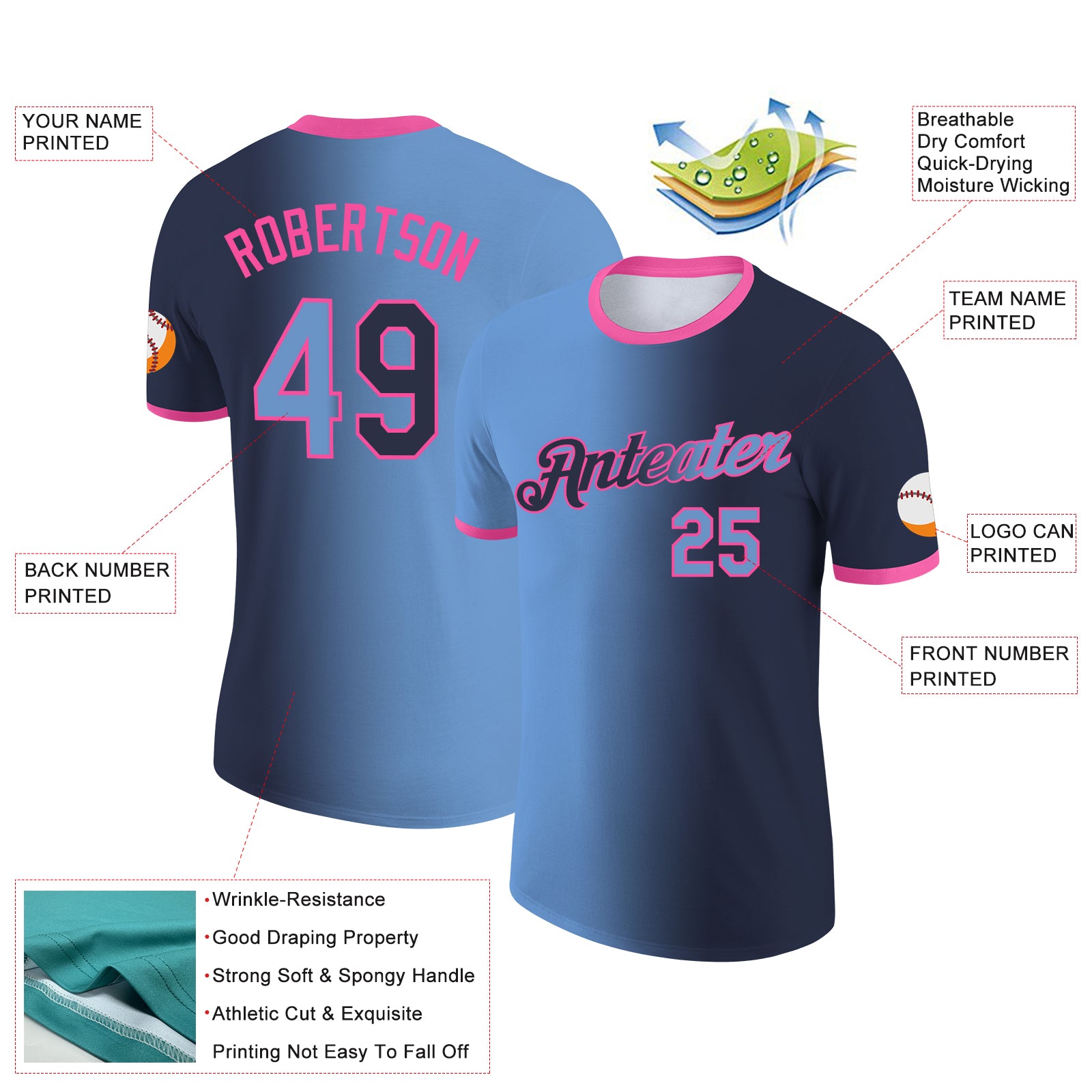 Custom Navy Light Blue-Pink Gradient Fashion Performance T-Shirt