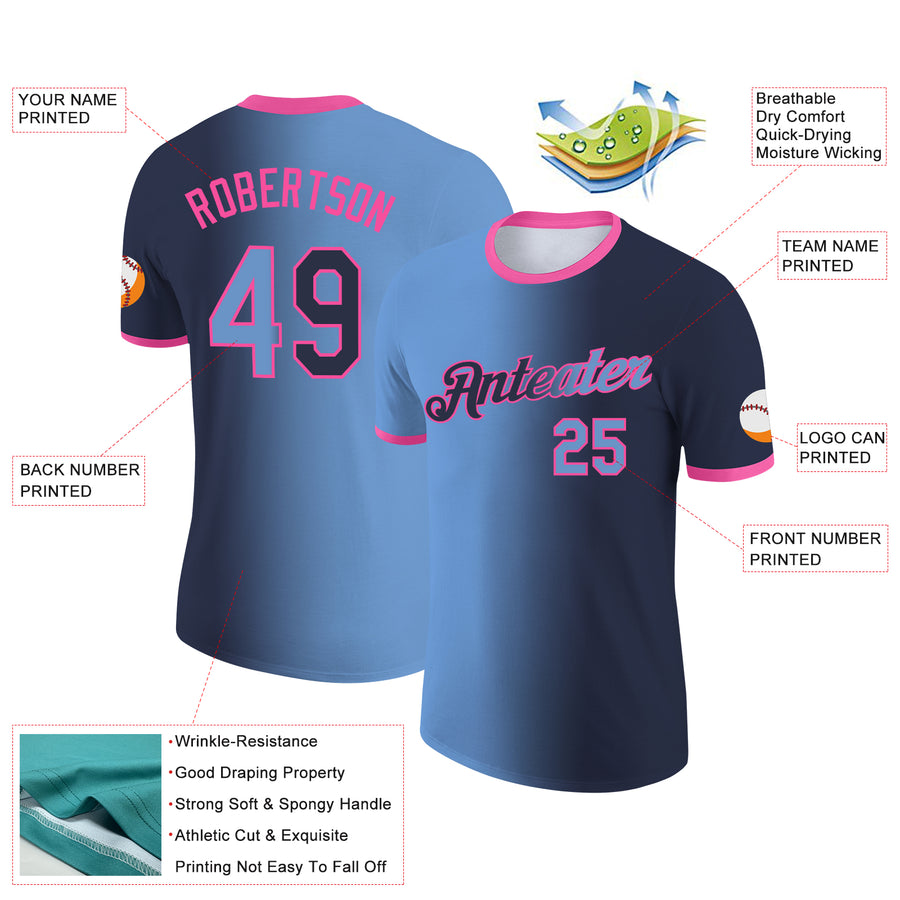 Custom Navy Light Blue-Pink Gradient Fashion Performance T-Shirt