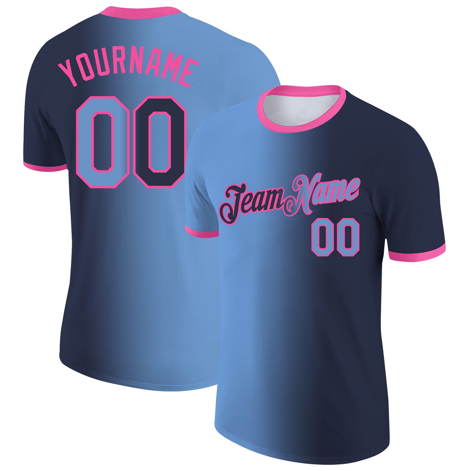 Custom Navy Light Blue-Pink Gradient Fashion Performance T-Shirt