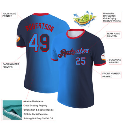 Custom Navy Powder Blue-Red Gradient Fashion Performance T-Shirt
