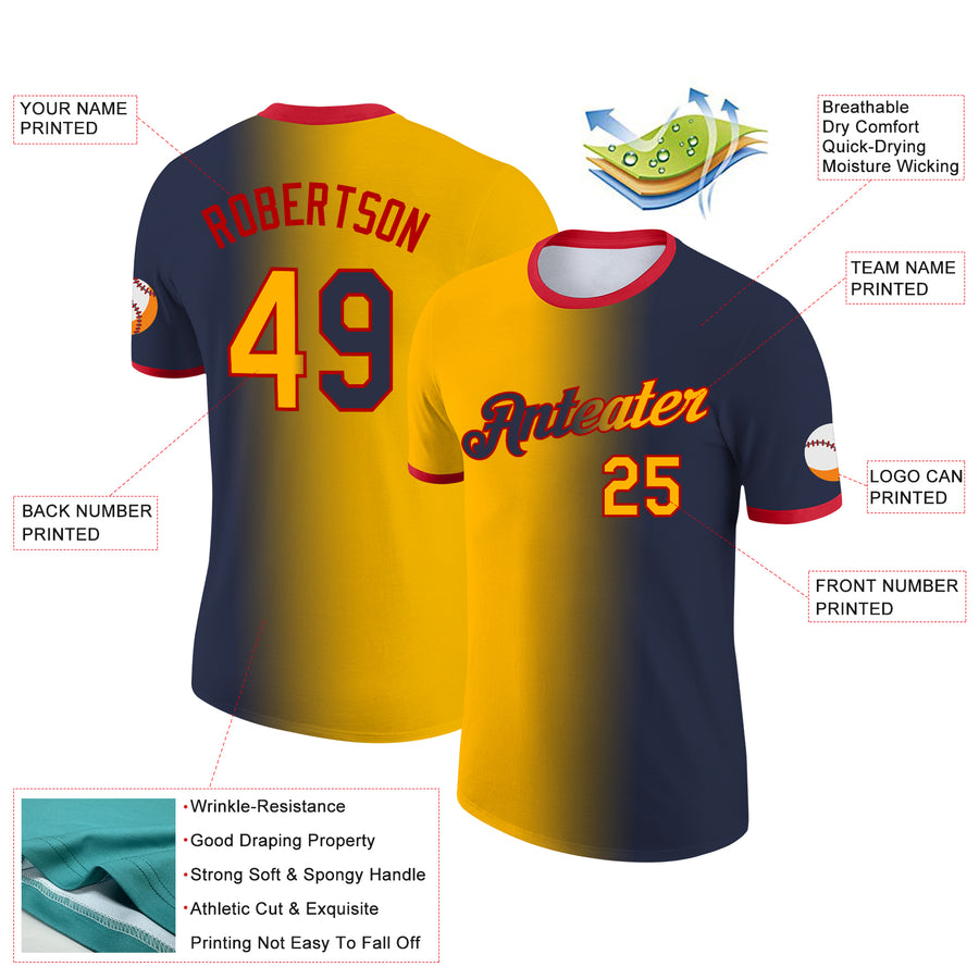 Custom Navy Gold-Red Gradient Fashion Performance T-Shirt