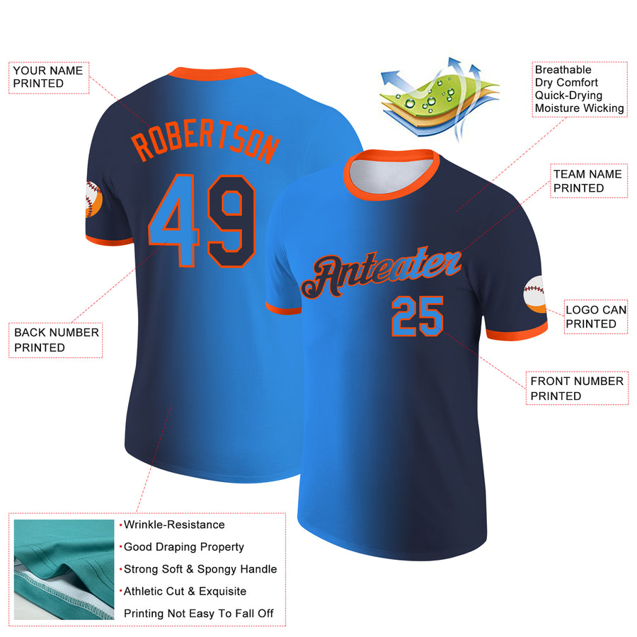 Custom Navy Powder Blue-Orange Gradient Fashion Performance T-Shirt