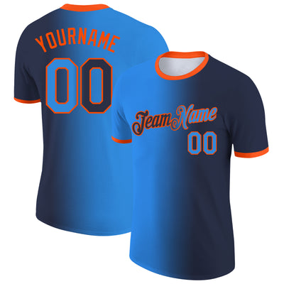 Custom Navy Powder Blue-Orange Gradient Fashion Performance T-Shirt