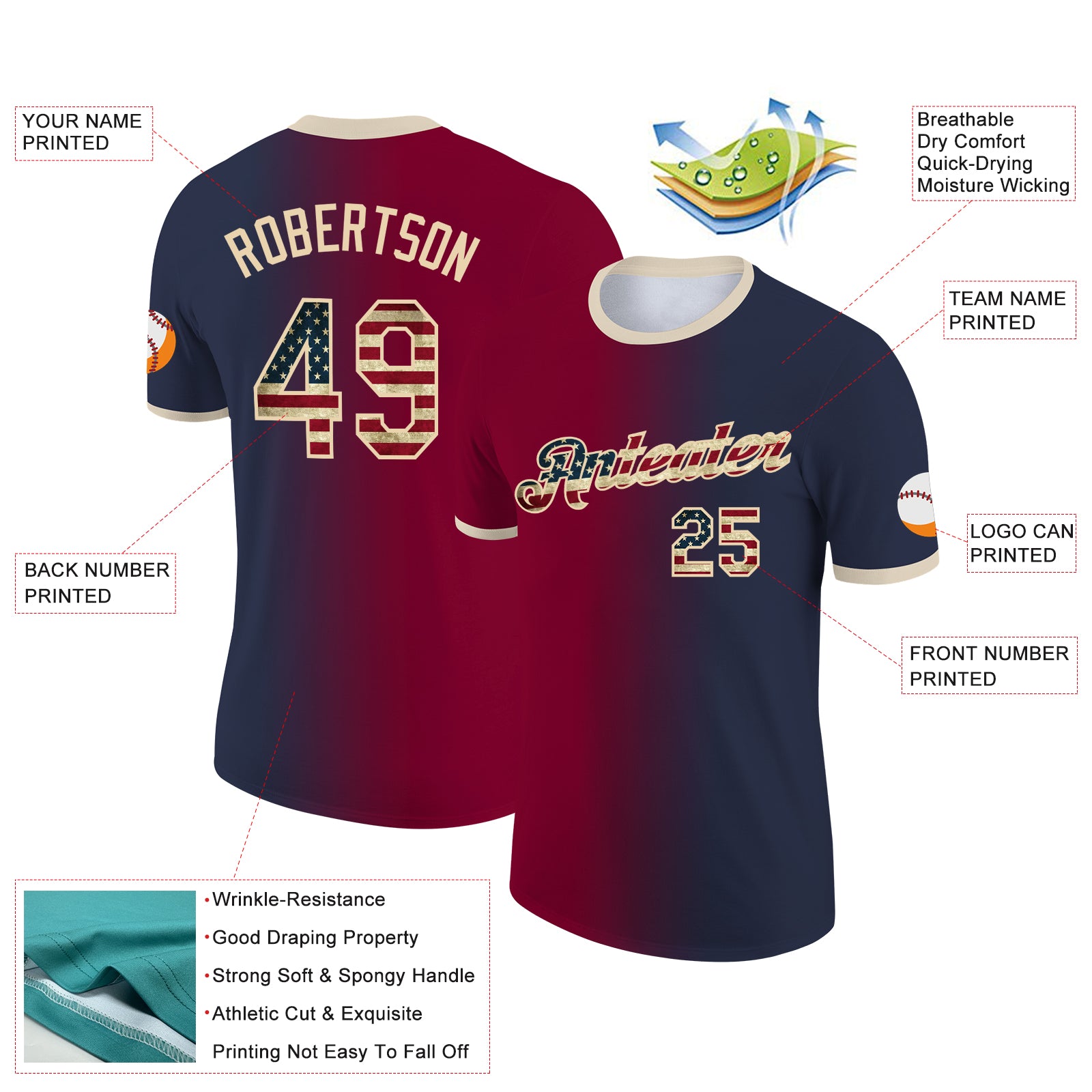 Custom Navy Vintage USA Flag Maroon-City Cream Gradient Fashion Performance T-Shirt