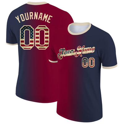 Custom Navy Vintage USA Flag Maroon-City Cream Gradient Fashion Performance T-Shirt