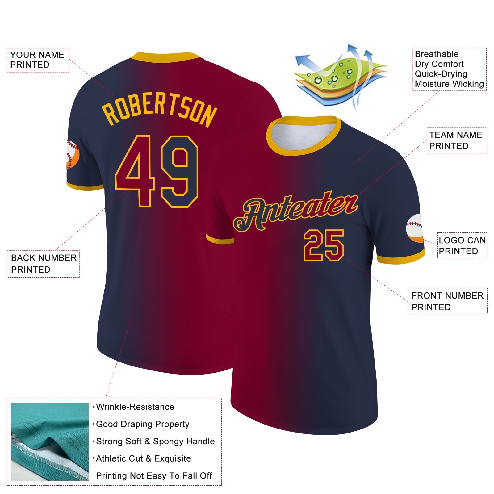 Custom Navy Maroon-Gold Gradient Fashion Performance T-Shirt