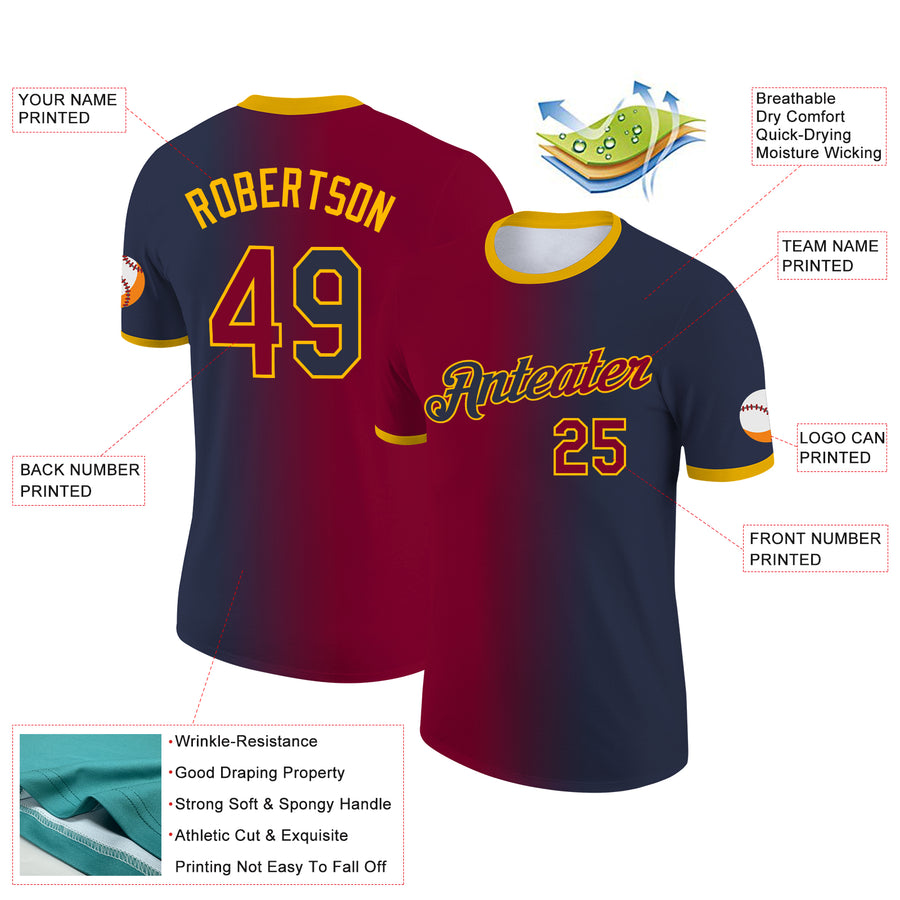 Custom Navy Maroon-Gold Gradient Fashion Performance T-Shirt