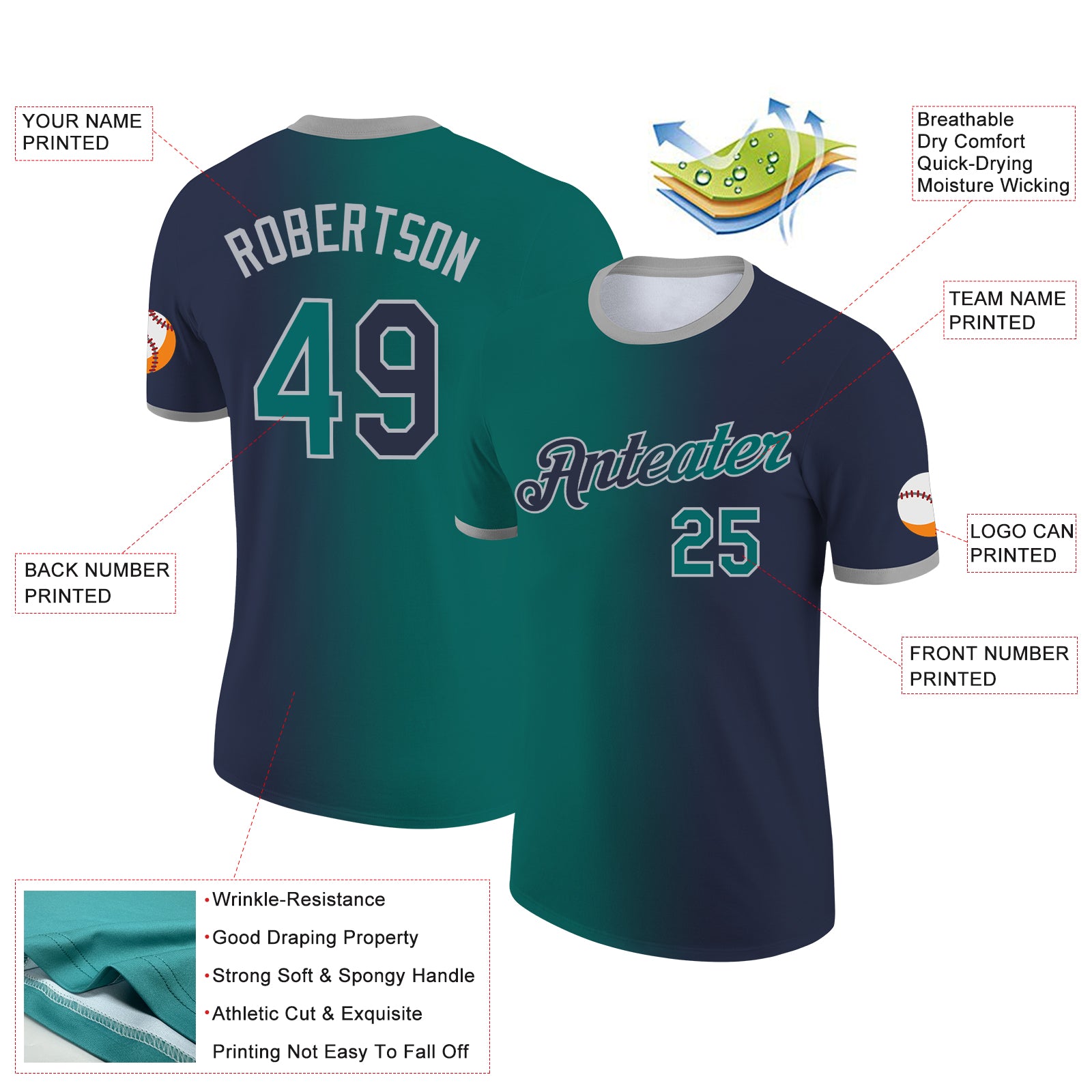 Custom Navy Teal-Gray Gradient Fashion Performance T-Shirt