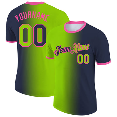 Custom Navy Neon Green-Pink Gradient Fashion Performance T-Shirt