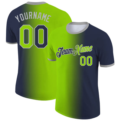 Custom Navy Neon Green-Gray Gradient Fashion Performance T-Shirt