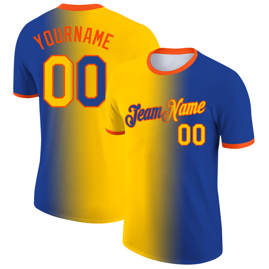 Custom Royal Yellow-Orange Gradient Fashion Performance T-Shirt