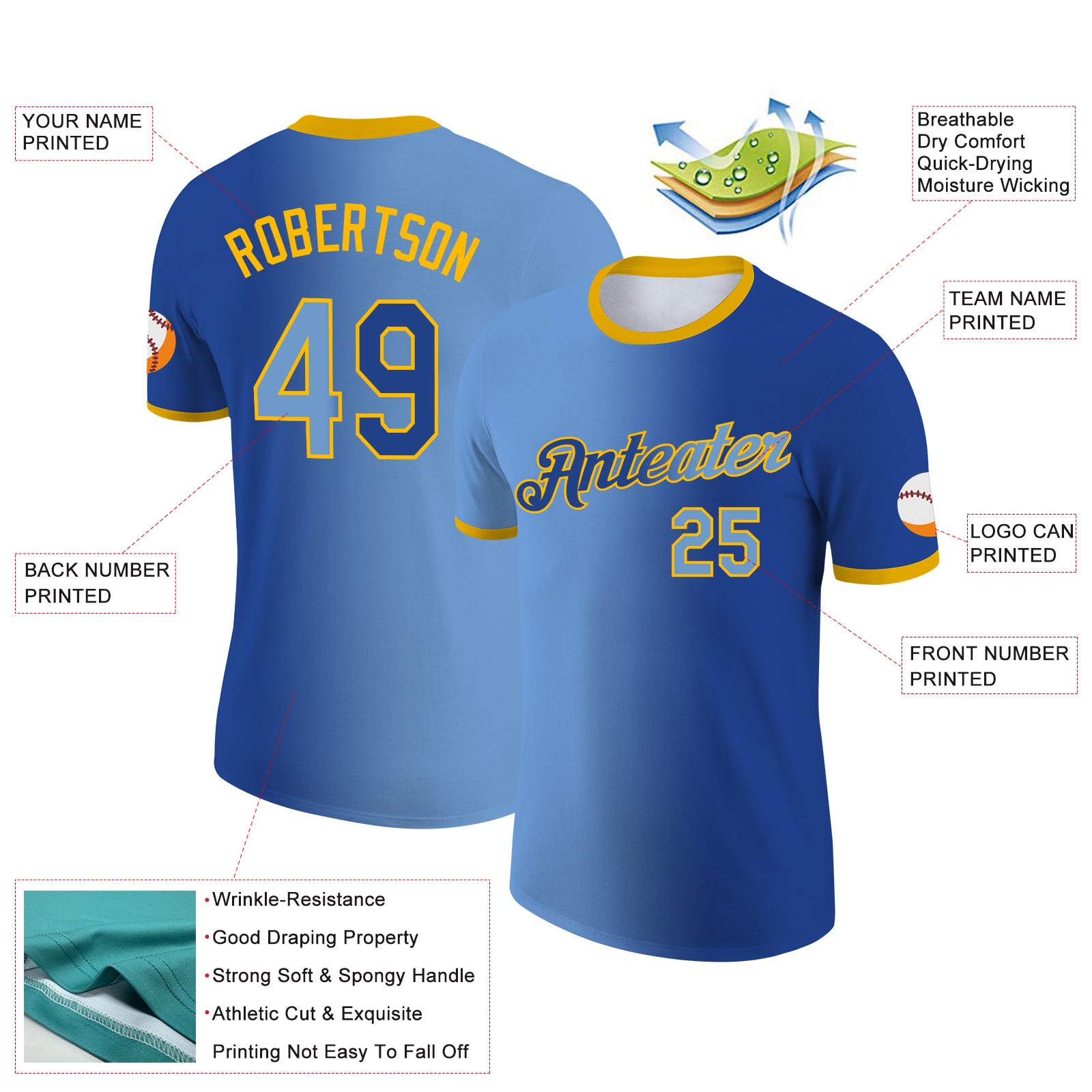 Custom Royal Light Blue-Gold Gradient Fashion Performance T-Shirt