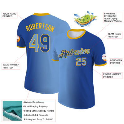 Custom Royal Light Blue-Gold Gradient Fashion Performance T-Shirt