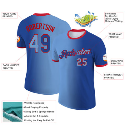 Custom Royal Light Blue-Red Gradient Fashion Performance T-Shirt