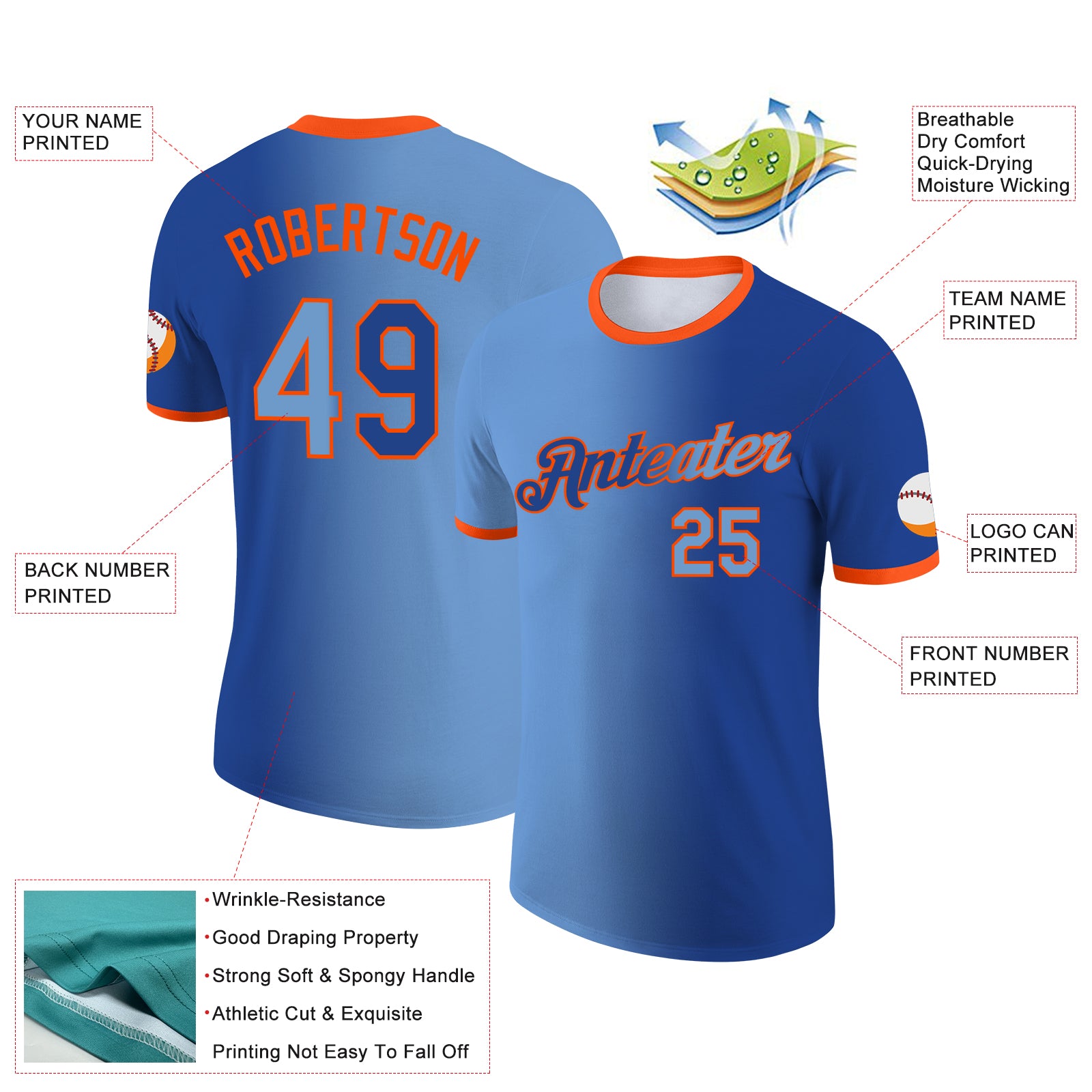 Custom Royal Light Blue-Orange Gradient Fashion Performance T-Shirt