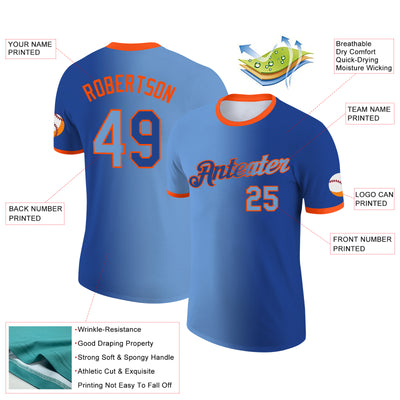 Custom Royal Light Blue-Orange Gradient Fashion Performance T-Shirt