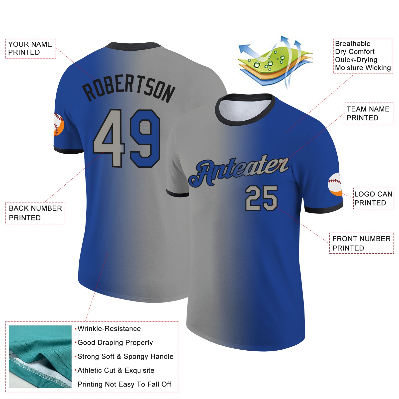 Custom Royal Gray-Black Gradient Fashion Performance T-Shirt