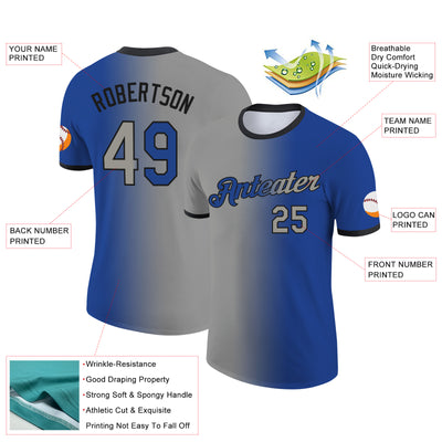 Custom Royal Gray-Black Gradient Fashion Performance T-Shirt