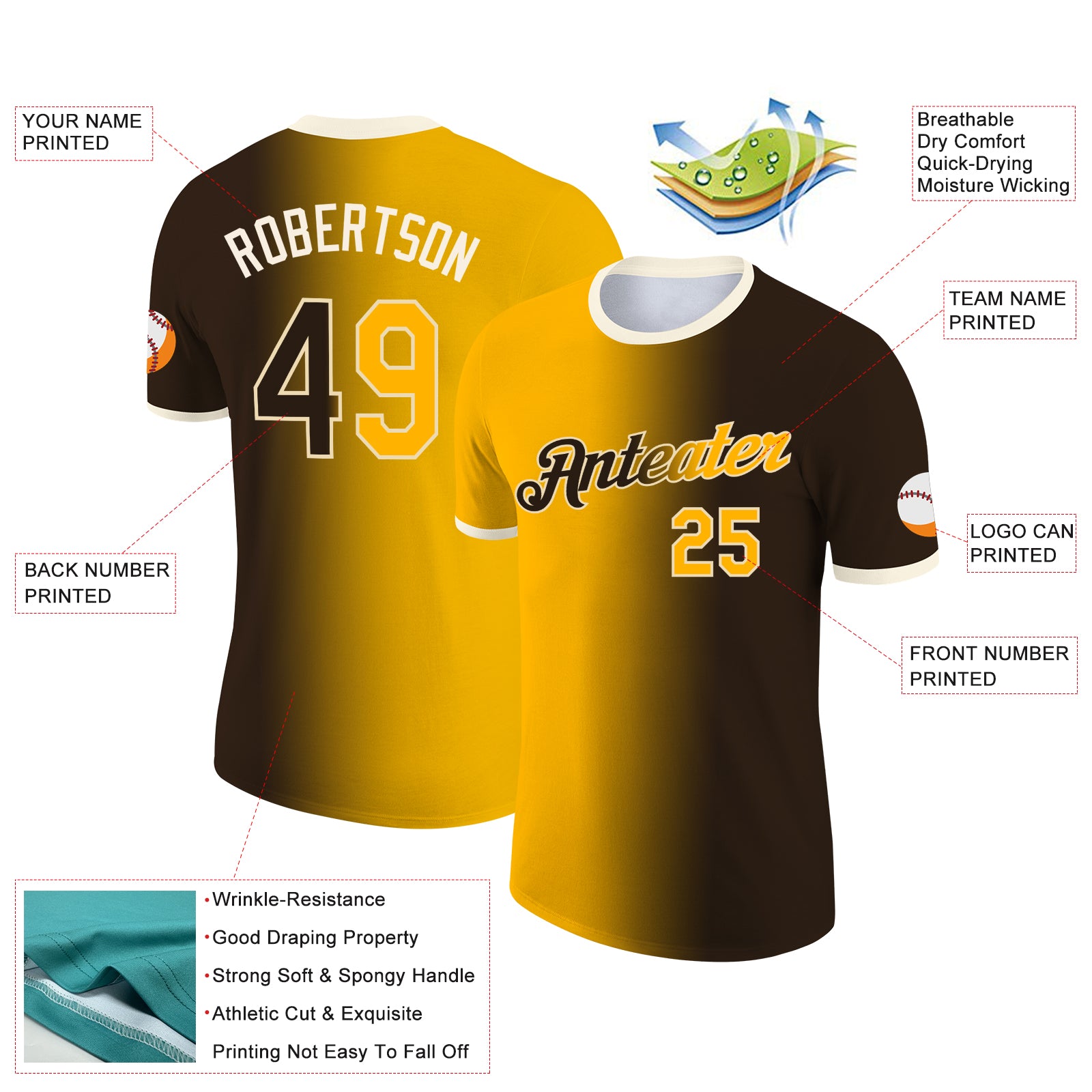 Custom Brown Gold-Cream Gradient Fashion Performance T-Shirt