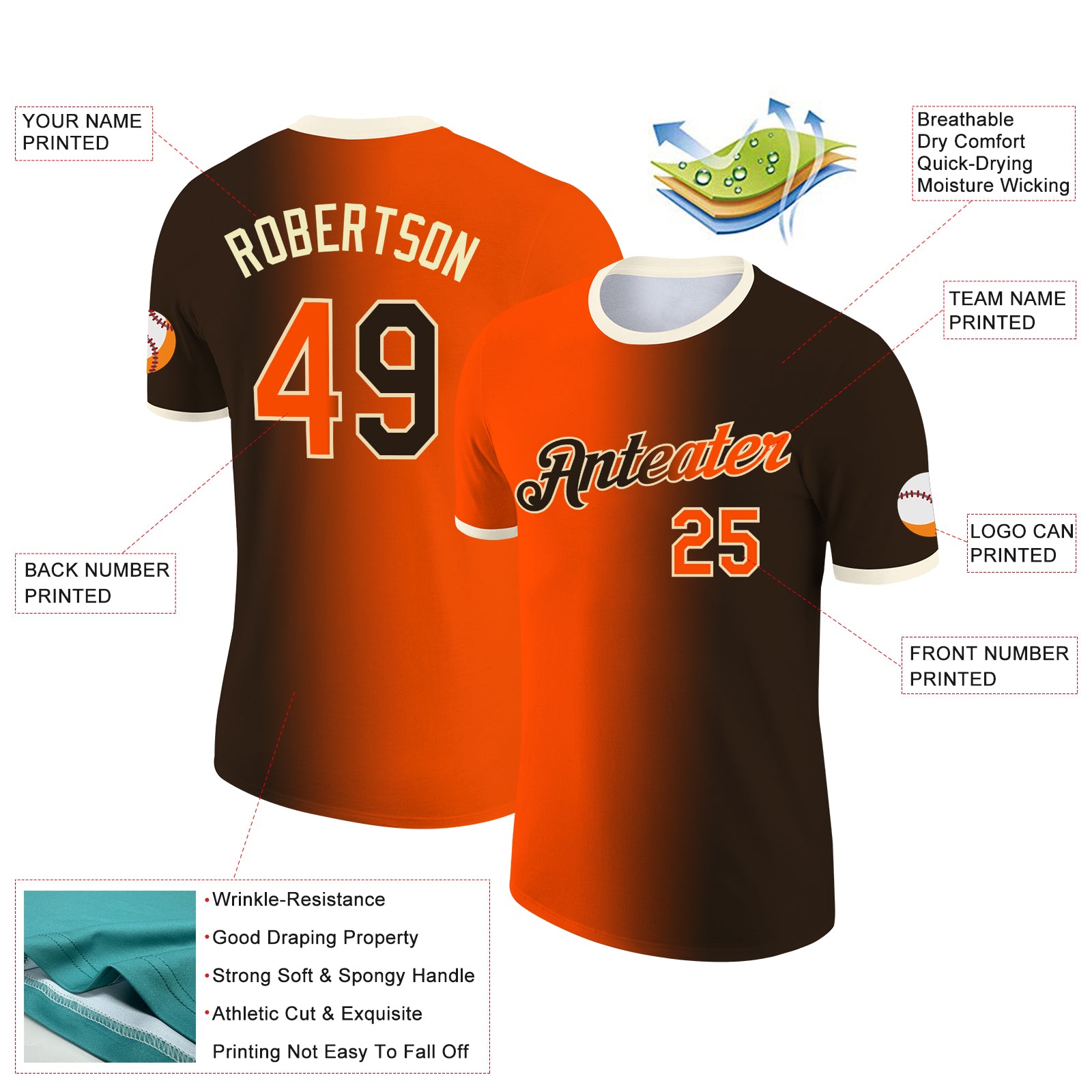 Custom Brown Orange-Cream Gradient Fashion Performance T-Shirt