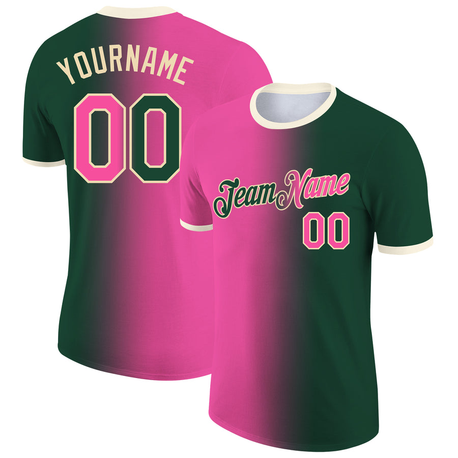 Custom Green Pink-Cream Gradient Fashion Performance T-Shirt