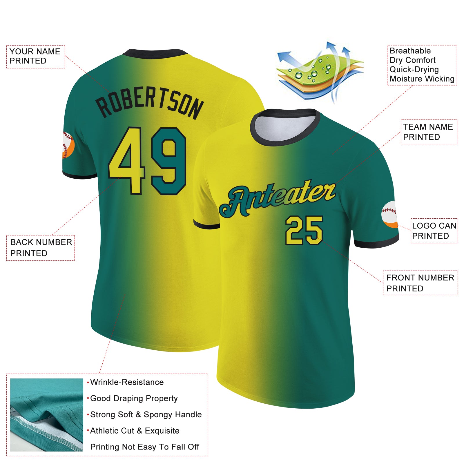 Custom Teal Neon Yellow-Black Gradient Fashion Performance T-Shirt