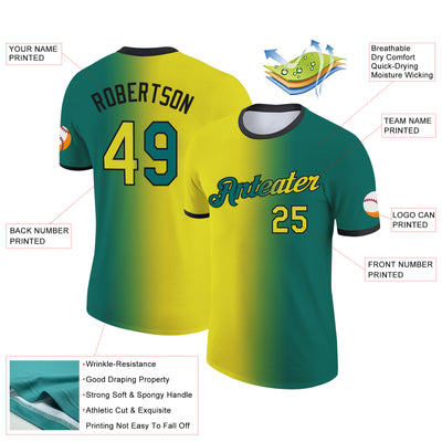 Custom Teal Neon Yellow-Black Gradient Fashion Performance T-Shirt