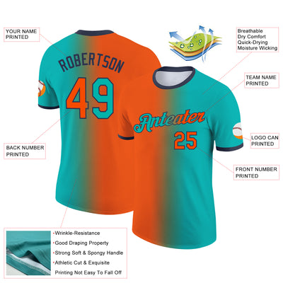 Custom Aqua Orange-Navy Gradient Fashion Performance T-Shirt