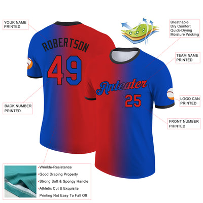 Custom Thunder Blue Red-Black Gradient Fashion Performance T-Shirt