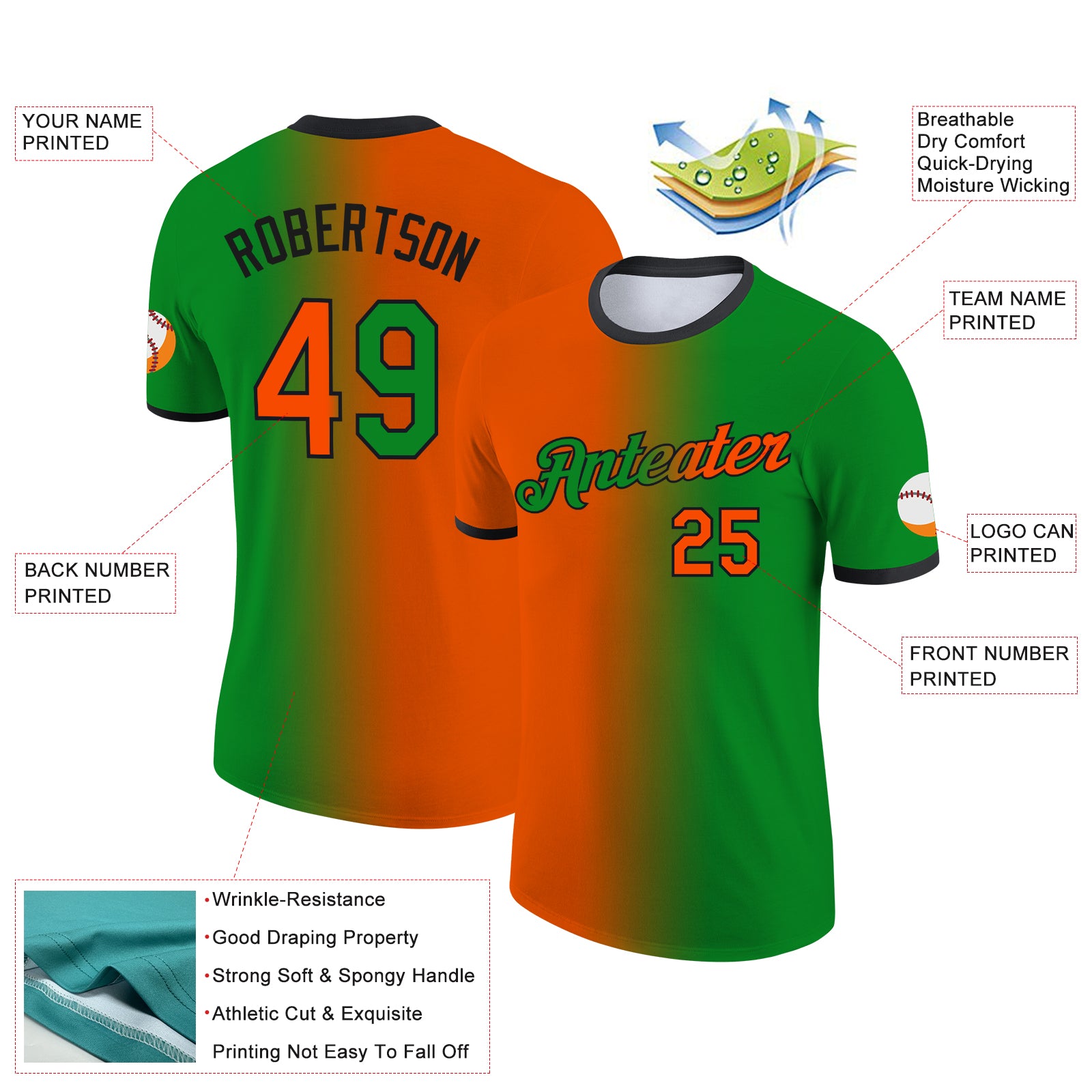 Custom Grass Green Orange-Black Gradient Fashion Performance T-Shirt