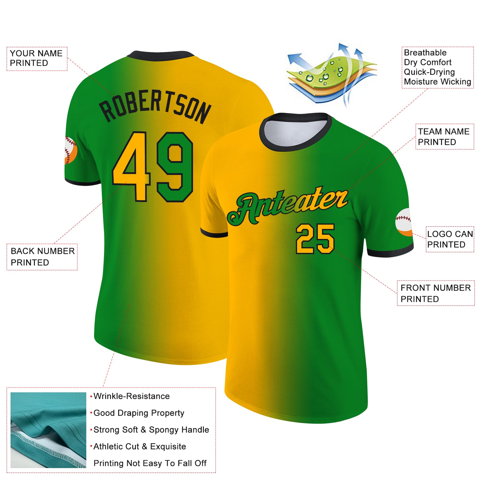 Custom Grass Green Gold-Black Gradient Fashion Performance T-Shirt