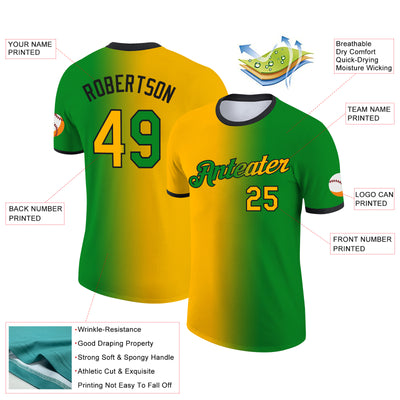 Custom Grass Green Gold-Black Gradient Fashion Performance T-Shirt
