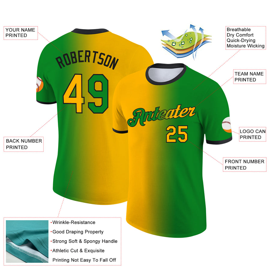 Custom Grass Green Gold-Black Gradient Fashion Performance T-Shirt