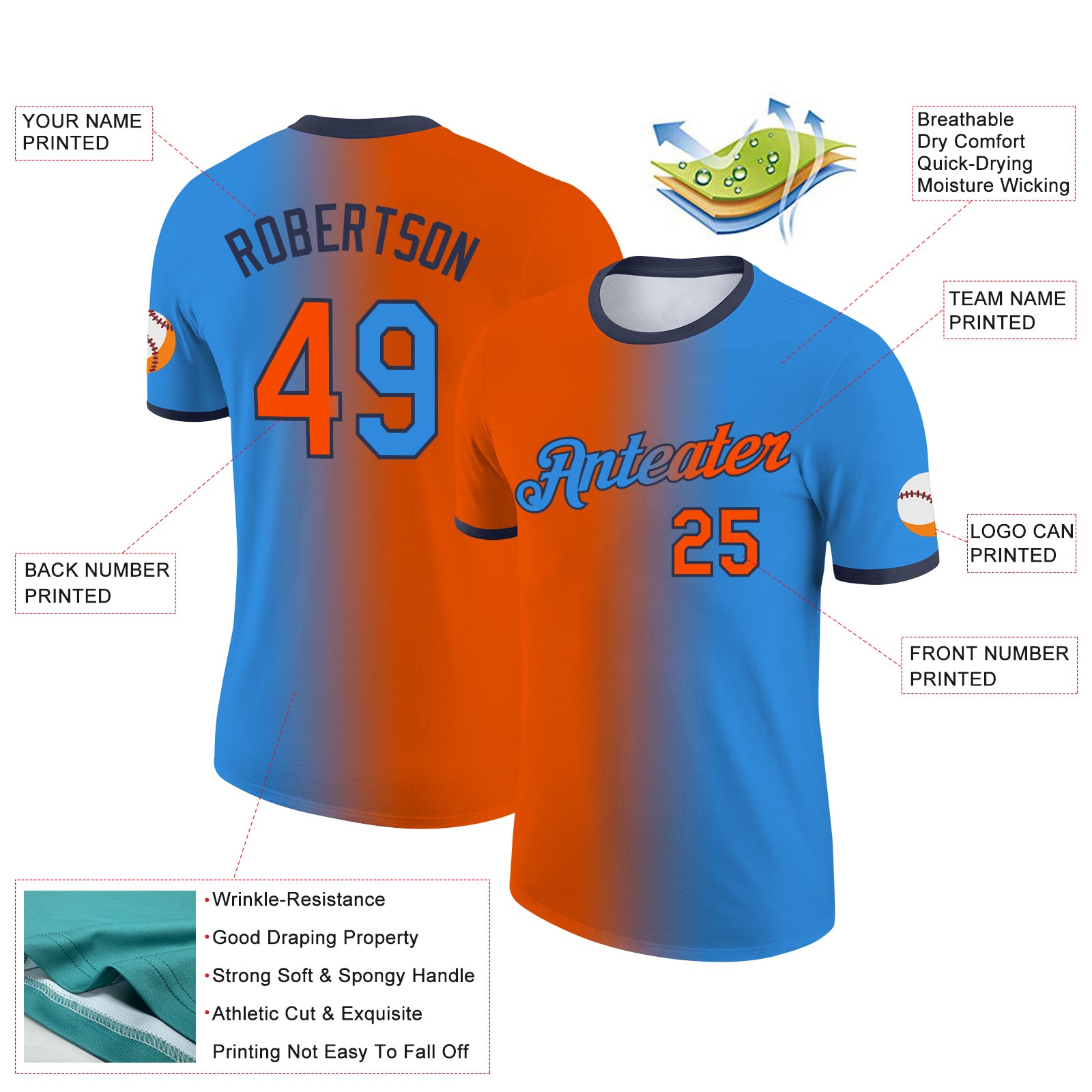 Custom Powder Blue Orange-Navy Gradient Fashion Performance T-Shirt