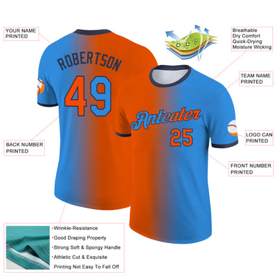 Custom Powder Blue Orange-Navy Gradient Fashion Performance T-Shirt